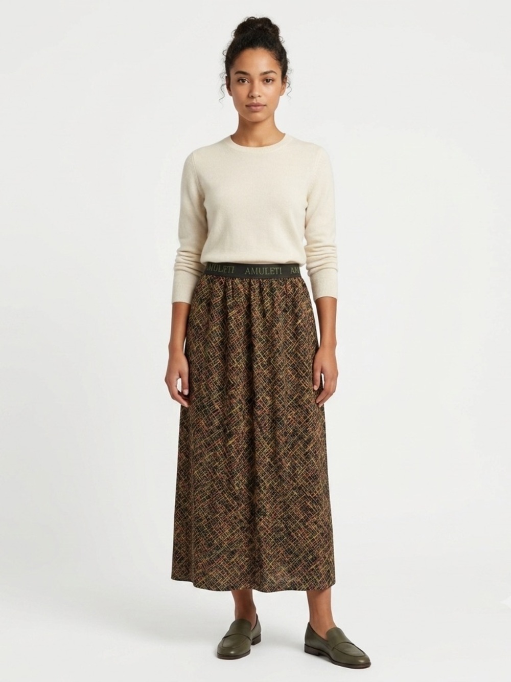 Amuleti Mariella Burani Olive Green Multi Tweed Criss-Cross Midi Skirt Size 10